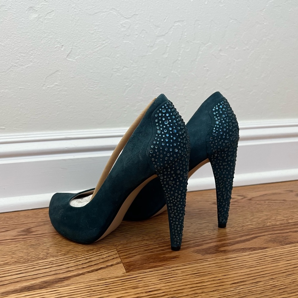 Teal suede and rhinestone platform heels, size 7M